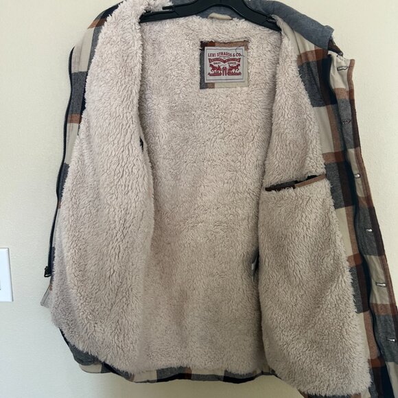 LEVIS MENS FLANNEL JACKET ZIP UP AND BUTON UP FLEECE HOODIE BROWN PLAID SZ S - Picture 7 of 11